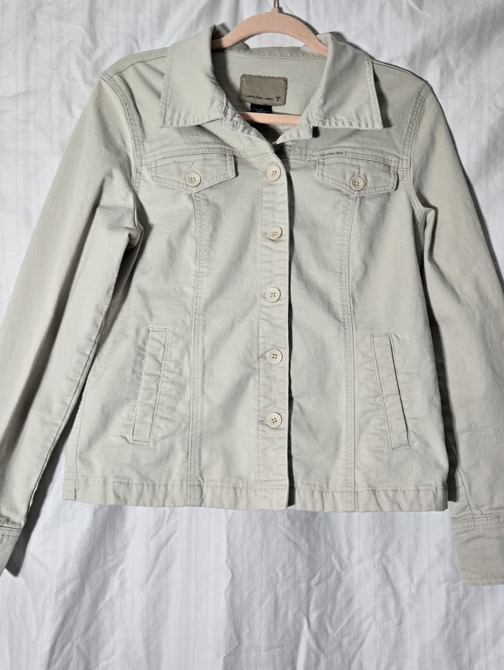 Vintage 90's Calvin Klein Womens Tan Utility Trucker Jacket 4 Pocket Size Large